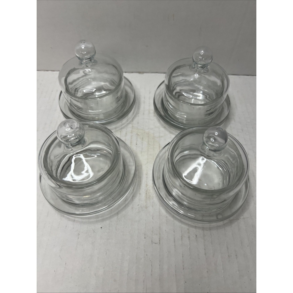 4 Vintage Clear Glass Mini Individual Butter Cloche Covered Dish Single Serve